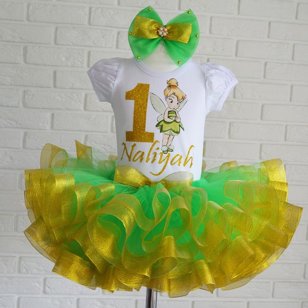 Tinkerbell Birthday tutu outfit, Fairy birthday set baby Tinker Bell 1st birthday party tutu costume