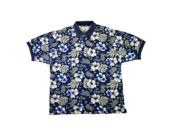 Polo de golf hawaiano vintage para hombre, talla XL: azul floral, fabricado en EE. UU.