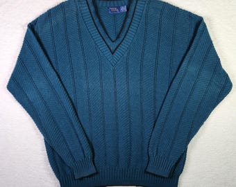 VINTAGE 8Os Cambridge Classics Cable Knit V Neck Sweater XL Teal Made In USA Mens