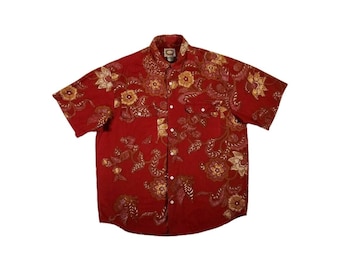 Camisa hawaiana vintage con estampado floral: talla mediana, roja - Manga corta para hombre, estilo Banana Republic, ideal para playa tropical, resort vacacional, regalo para esposo, luau tiki