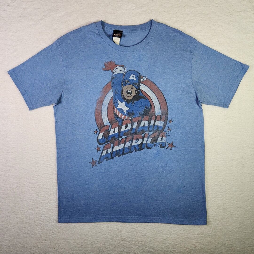 VINTAGE Captain America Shirt Large Blue Distressed Marvel Crew