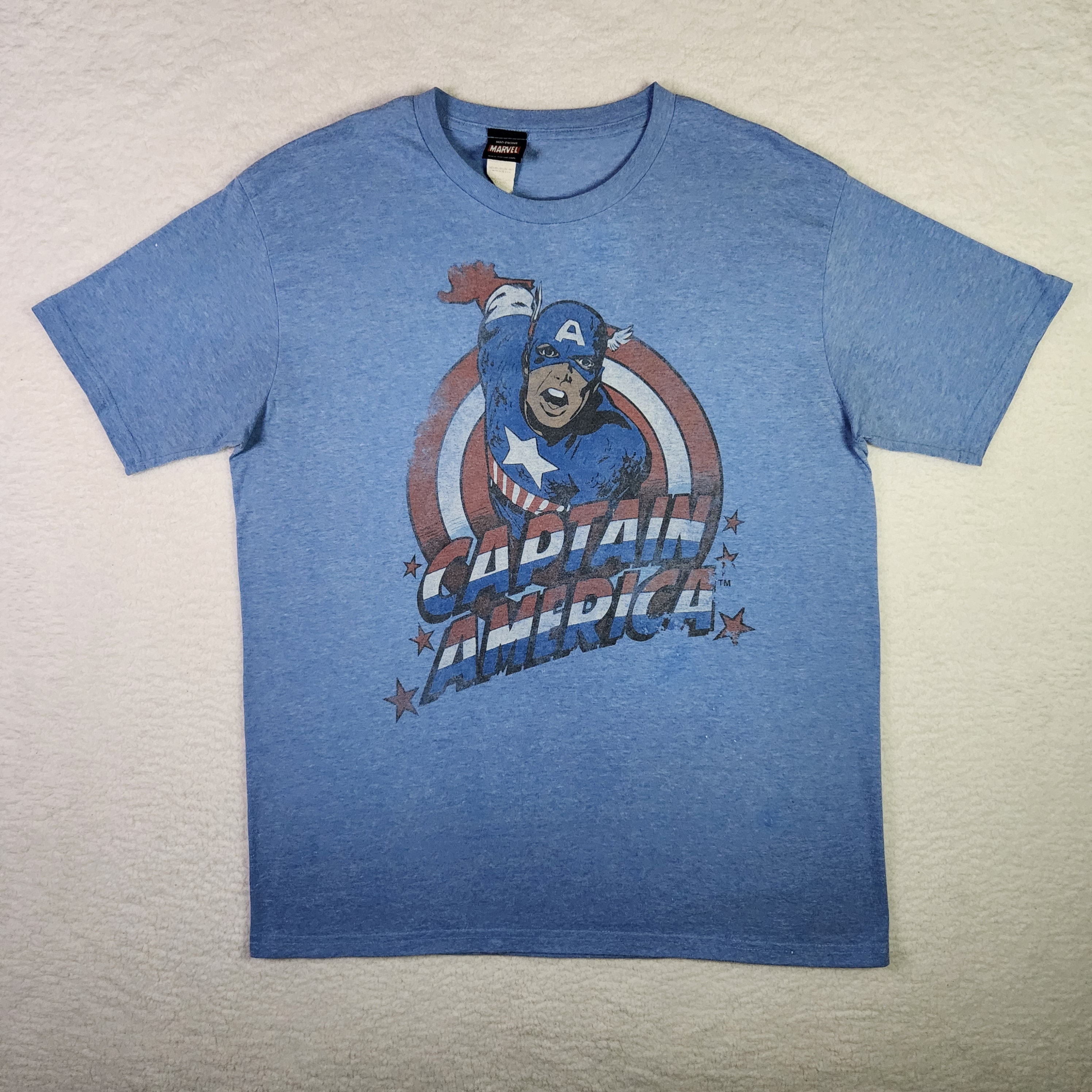 VINTAGE Captain America Shirt Large Blue Distressed Marvel Crew 