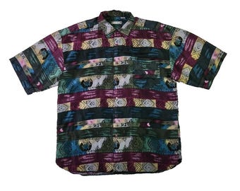Vintage 90s Silk Abstract Tribal Geometric Shirt Mens Large Eclectic Boho Summer