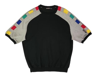 Vintage 90s Color Block Knit Short Sleeve Sweatshirt Mens Large Made In USA
