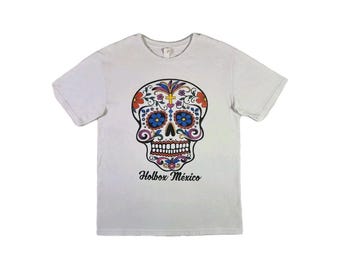 Camiseta vintage Holbox México, talla M, blanca, con estampado de calavera de azúcar, ideal para viajes. Camiseta unisex.