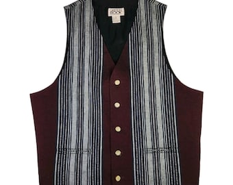 Vintage 80s Linen Blend Vest Waistcoat Mens Medium Burgundy Woven Textured Fall Fashion Retro Gift For Husband Present for Dad