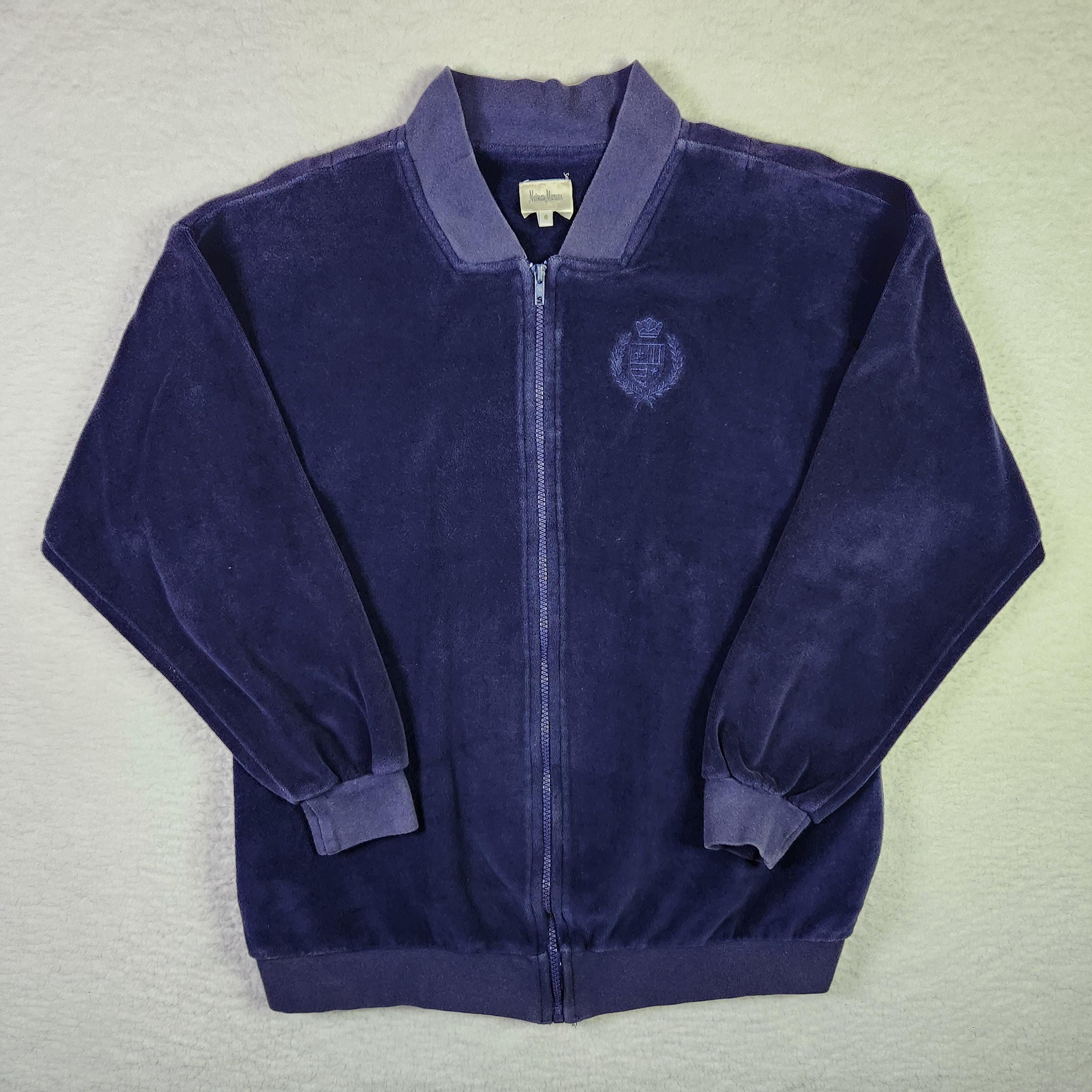 Vintage Neiman Marcus Velour Track Jacket: Y2K Navy Full Zip, Made