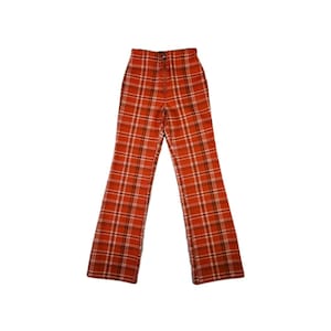 Y2K High Waisted Flare Pants, XS Orange Plaid Vintage Zip Front Retro