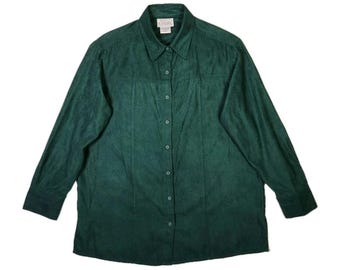 Vintage 90er Jahre Wildleder Shirt Damen XL Grün Retro Langarm Button Up Herbst Winter
