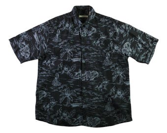 Mens Silk Aloha Shirt Large Black Hula Toile Monochromatic Dark Tiki