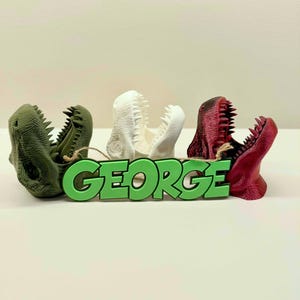 May include: Three dinosaur head figurines in green, white and red, with a green nameplate that reads "GEORGE".