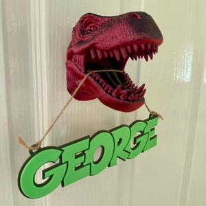 May include: A red plastic dinosaur head with an open mouth, hanging from a string with a green name sign that reads "GEORGE".