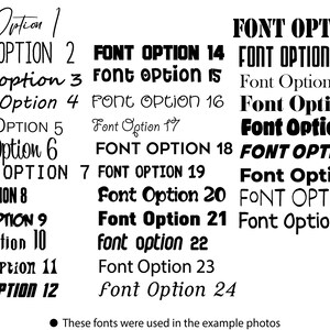 May include: A chart of 33 different font options, labeled with numbers 1 through 33. The text "These fonts were used in the example photos" is at the bottom of the chart.