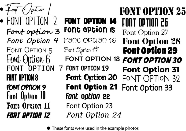 May include: A chart of 33 different font options, labeled with numbers 1 through 33. The text "These fonts were used in the example photos" is at the bottom of the chart.