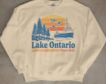Sweat-shirt vintage Lac Ontario, Sweat-shirt ras du cou Grands Lacs, Sweat-shirt rétro Lac du Canada, Sweat-shirt cadeau sur le thème nautique et la vie au bord d'un lac