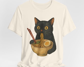 Nudelkatt-tröja, rolig Ramen-katt-t-shirt, japansk stil svart katt som äter nudlar, kattälskare-tröja, djurälskare rolig katt unisex-tröja