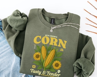 Corn Sweatshirt, Vintage Farm Grown Corn Graphic Sweatshirt, Sunflower Pullover,Farmers Market Sweatshirt, Sweet Corn Unisex Sweatshirt
