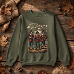 Puede incluir: Una sudadera de cuello redondo color verde oliva con un estampado gráfico de tres figuras con vestimenta del siglo XVII frente a un velero. El texto dice "the original Illegal Immigrants ESTD 1620", con las figuras sosteniendo un pavo y una cesta.