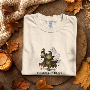 May include: A cream-colored short-sleeve t-shirt featuring a graphic of a green frog wearing a witch hat and cape, holding a lantern and an open book, surrounded by three small ghosts. The text "WE SUMMON AT SUNDOWN" is printed below the graphic.