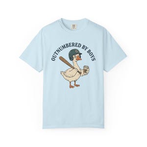Funny Boy Mom Shirt, Outnumbered By Boys Tee, Baseball Mom Goose Graphic, Exhausted Mom Gift, Boy Mom Announcement Unisex T-shirt Chambray