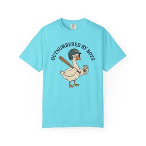 Funny Boy Mom Shirt, Outnumbered By Boys Tee, Baseball Mom Goose Graphic, Exhausted Mom Gift, Boy Mom Announcement Unisex T-shirt Lagoon Blue