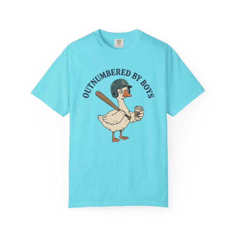 Funny Boy Mom Shirt, Outnumbered By Boys Tee, Baseball Mom Goose Graphic, Exhausted Mom Gift, Boy Mom Announcement Unisex T-shirt Lagoon Blue