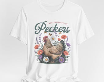 Gemakkelijk afgeleid door pikken shirt, grappige kippen shirt voor dames, dierenvriend shirt, boer meisje, grappig Pasen uniseks T-shirt