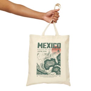 Golf von Mexiko Tragetasche, Golfo de México 1550 Retro Vintage Kunst Einkaufstasche, Urlaub Mexiko, Golf von Mexiko für immer Baumwollleinen-Einkaufstasche