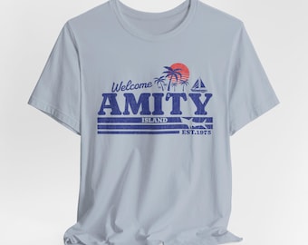 ようこそアミティ島へ 1975年レトロ映画Tシャツ、ヴィンテージグラフィックジョーズアミティ1975 Tシャツ、夏休みTシャツ、ユニセックスTシャツ