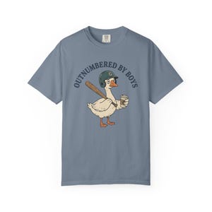 Funny Boy Mom Shirt, Outnumbered By Boys Tee, Baseball Mom Goose Graphic, Exhausted Mom Gift, Boy Mom Announcement Unisex T-shirt Blue Jean
