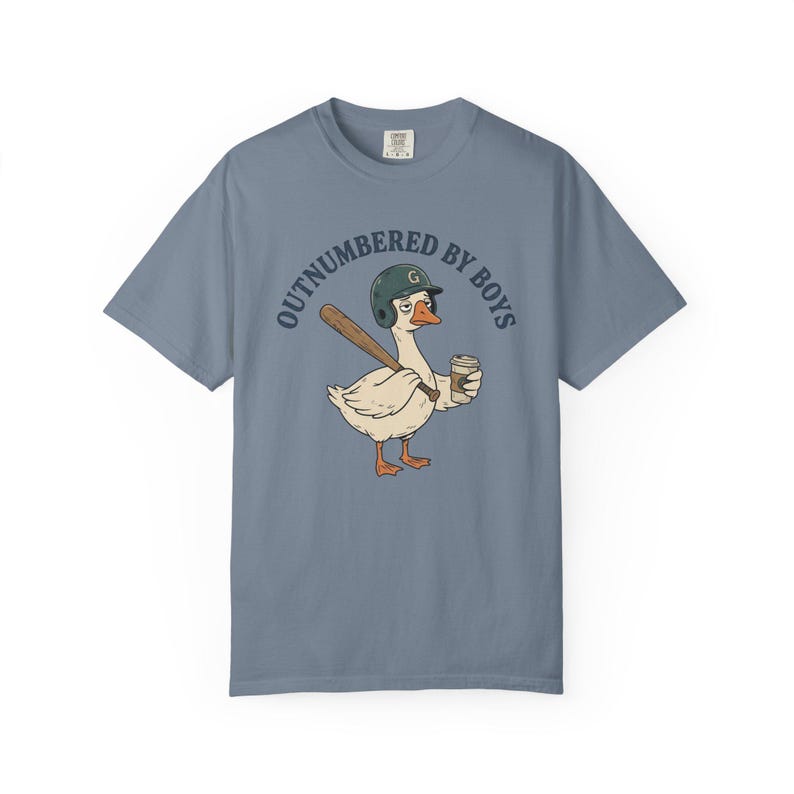 Funny Boy Mom Shirt, Outnumbered By Boys Tee, Baseball Mom Goose Graphic, Exhausted Mom Gift, Boy Mom Announcement Unisex T-shirt Blue Jean
