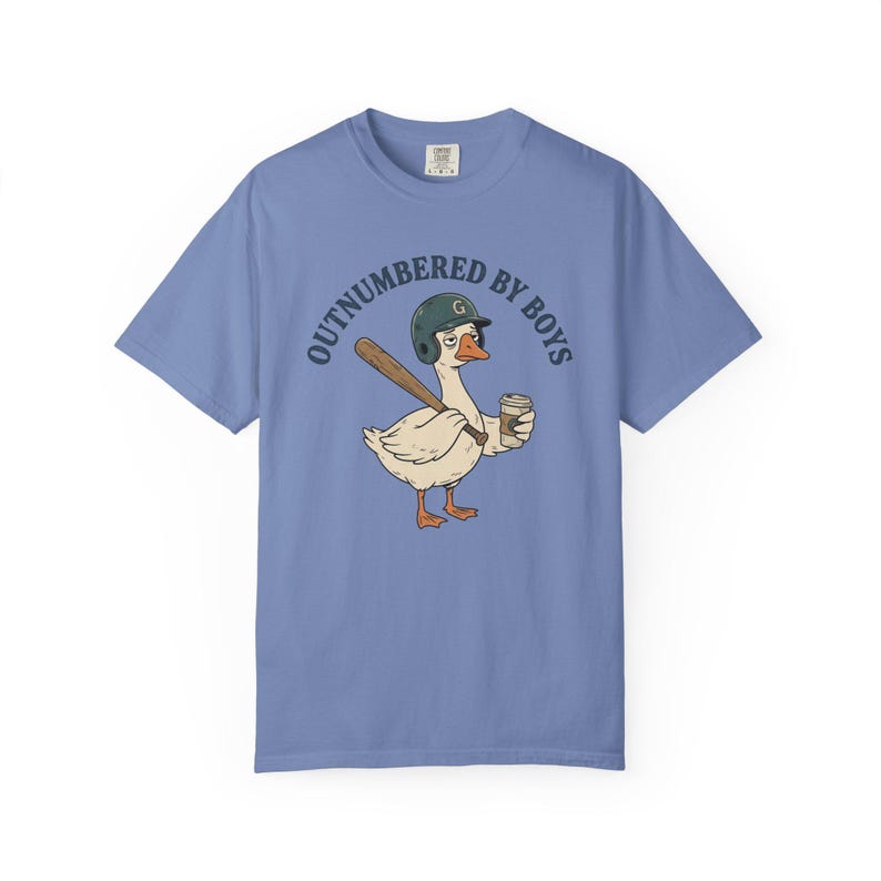 Funny Boy Mom Shirt, Outnumbered By Boys Tee, Baseball Mom Goose Graphic, Exhausted Mom Gift, Boy Mom Announcement Unisex T-shirt Washed Denim