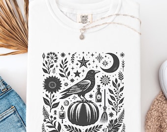 Chemise folklorique de sorcière de corbeau, t-shirt gothique d'Halloween vintage, t-shirt de corbeau citrouille de cottagecore, t-shirt unisexe esthétique d'automne de couleurs de confort