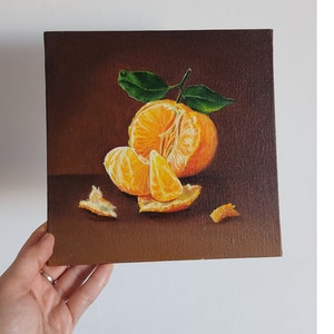 Mandarin Oil Painting, Original Still Life Artwork , Orange Small Wall Hanging Citrus Painting Classical style 8x8&quot;