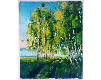 Birch Tree Original Oil Painting, Palette knife original artwork on a hardboard, green living room decor, morning sunshine  8x10"