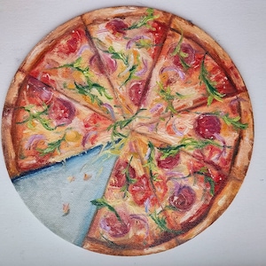 Original Pizza Oil Painting, Realistic Hand Painted Pizza Art, 25 cm Round Food Painting, Italian Kitchen Wall Decor 10 inches