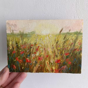 Pequena pintura a óleo da natureza, campo de papoulas ucraniano, flores silvestres, raios do pôr do sol, arte original, paisagem em miniatura de prado florido 4x6