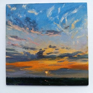 Original Colorful Oil Painting , Ukrainian Landscape on Hardboard, Orange Sky with Dark Clouds 8x8 inches