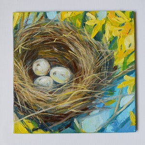Oil Painting Bird Nest with Eggs,  Small Hand-painted Wild Nature Artwork , Original Art Yellow Blue on Canvas board 6×6 &quot;
