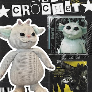 May include: A crocheted creature with large ears and horns, in light grey with pink and mint green details. The image includes a smaller figurine and album art. The text "Ned Crochet" is visible in the image.