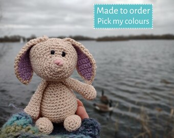 Crochet Bunny Rabbit Travel Companion Soft Toy. Personalised with custom colour. UKCA Tested. Stuffed Animal. Amigurumi. Holiday Buddy.