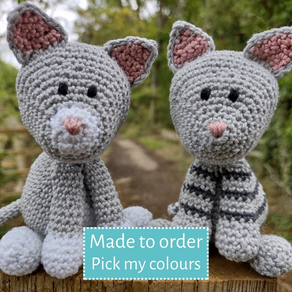 Crochet Cat Travel Companion Soft Toy. Personalised with custom colour. UKCA Tested. Stuffed Animal. Amigurumi. Holiday Buddy. Kitty