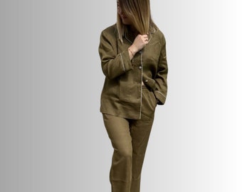Luxurious 100% Linen Women's Pajama Set with Long Sleeves
