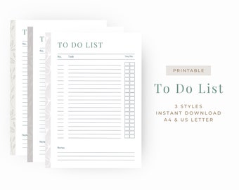Puede incluir: Plantilla de lista de tareas imprimible con tres estilos diferentes. La plantilla tiene un diseño floral e incluye una sección para tareas, notas y una columna de sí/no. El texto "To Do List" está en fuente verde y el texto "Printable" está en fuente marrón.
