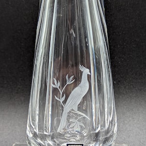 Orrefors Clear Crystal Bud Vase – Etched Bird on a Branch – Faceted – Signed Sven Palmqvist – Original Label – Sweden – Circa 1942