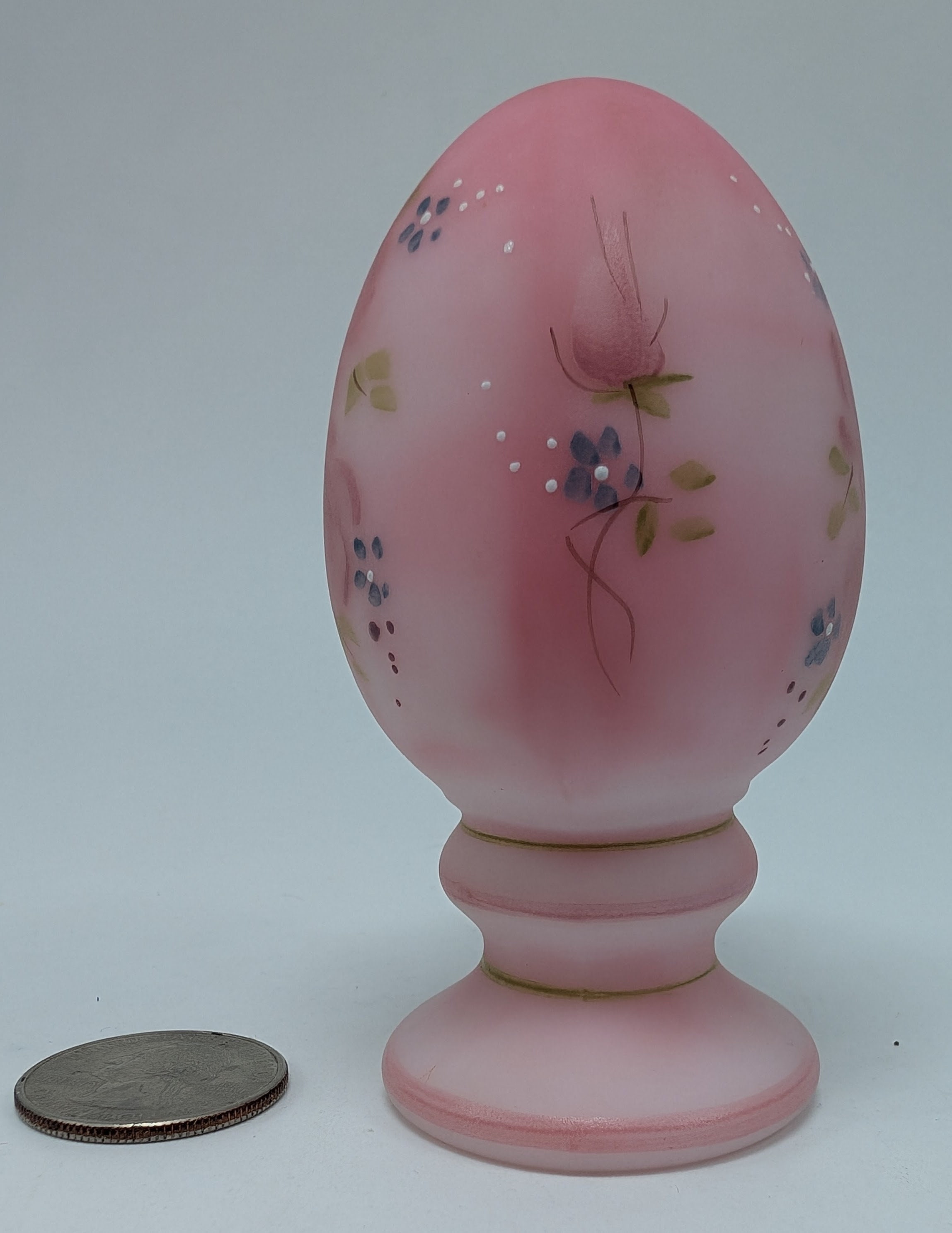 Fenton Art Glass Pink Satin Rosalene Pedestal Egg, Hand Painted
