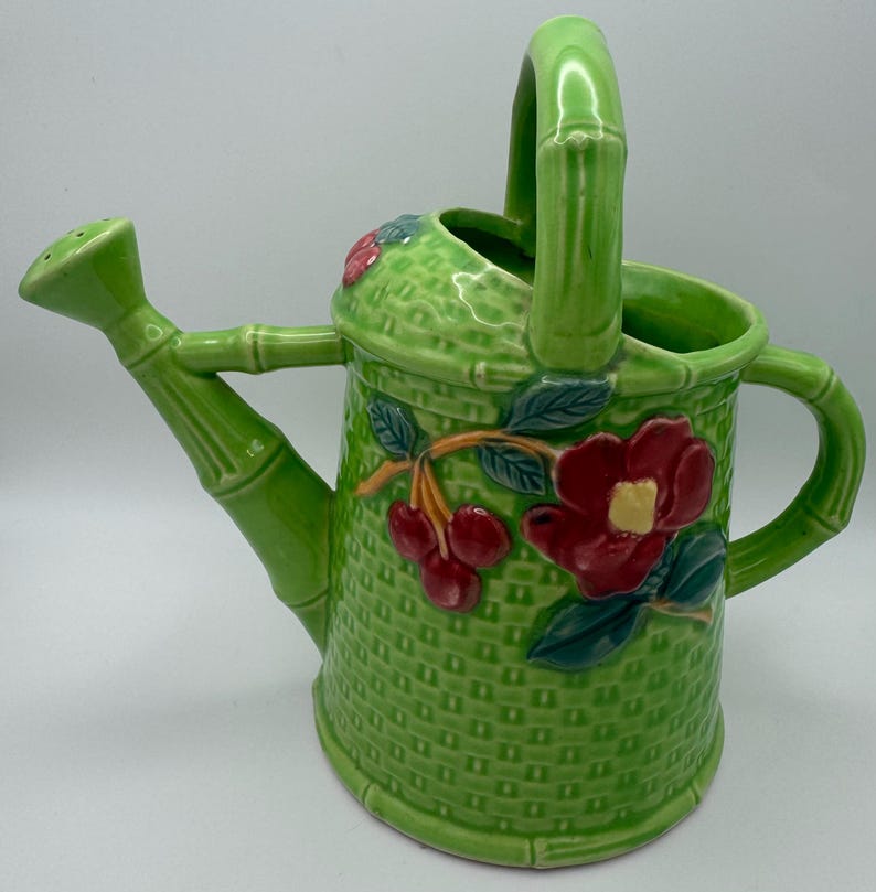 Vintage Porcelain Watering Can Green Bamboo With Flowers Made in Japan