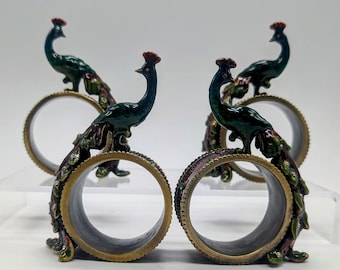 Set of 4 Enamel, Brass & Rhinestone Peacock Napkin Ring Holders, Vintage