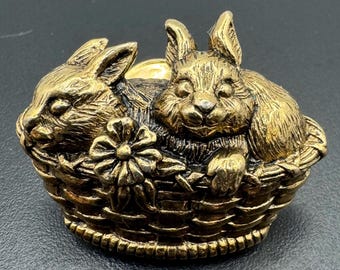 Vintage Avon  Gold Tone Lapel Pin – Basket of Love Brooch – Rabbits – 1990 – Easter Bunny