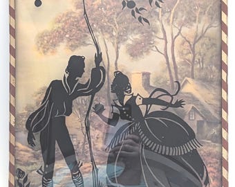 Reverse Painted Silhouette – Convex Glass, Metal Frame – Victorian Couple – American Folk Art, Made in USA, Circa 1920s-1950s